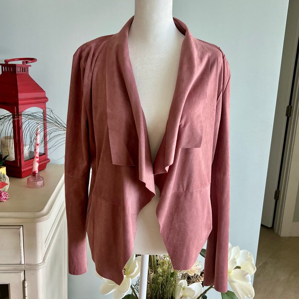 Super Soft Feminine Bagatelle Faux Suede Drape Front Moto Jacket Mauve M
